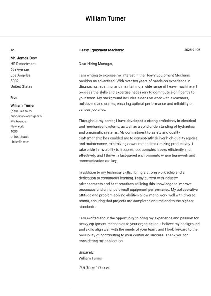 heavy equipment mechanic cover letter example