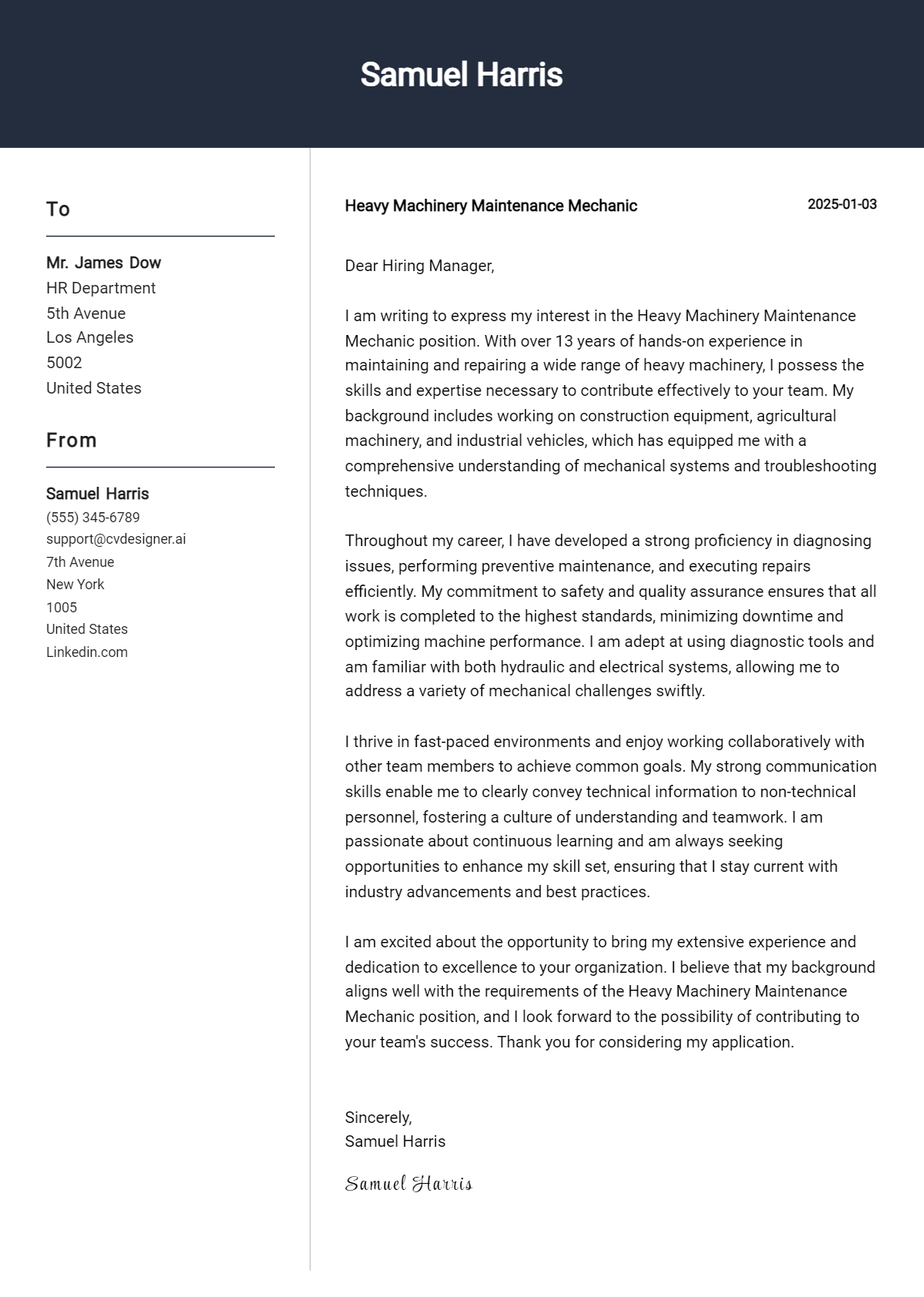 heavy machinery maintenance mechanic cover letter example