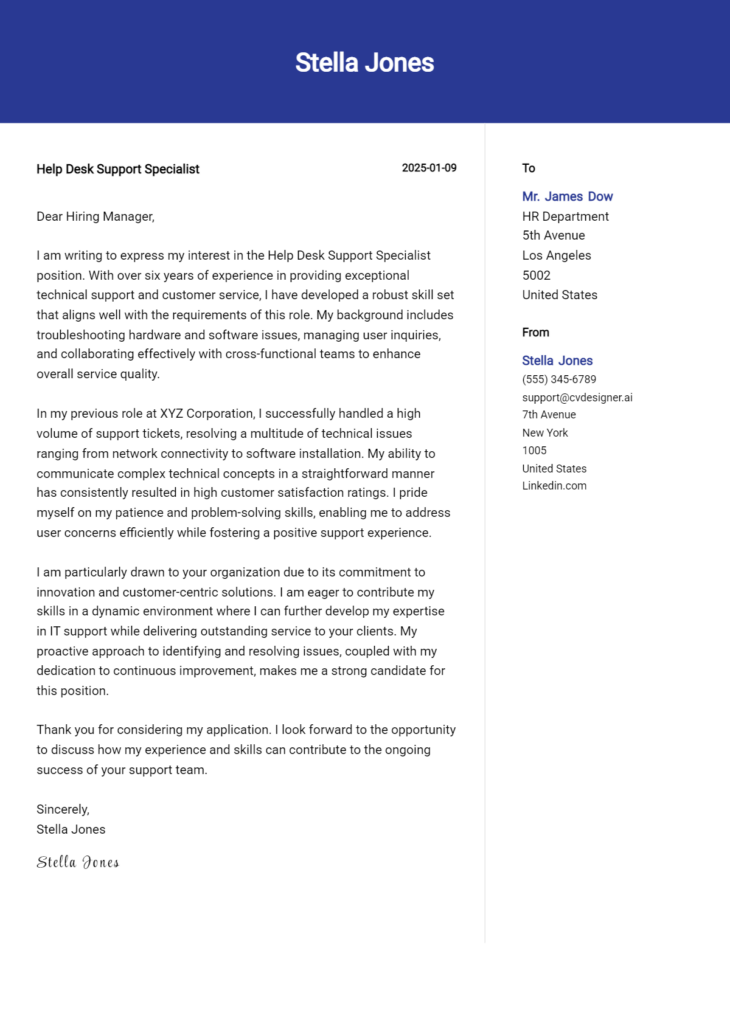 help desk support specialist cover letter example