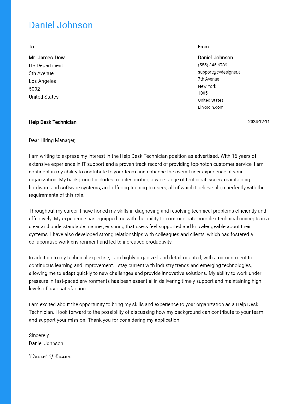 help desk technician cover letter example