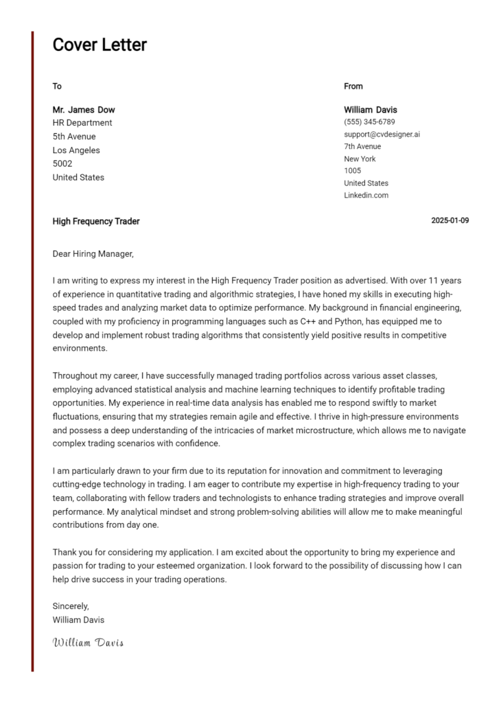 high frequency trader cover letter example