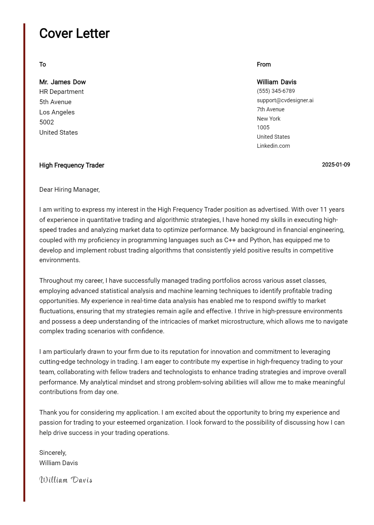 high frequency trader cover letter example