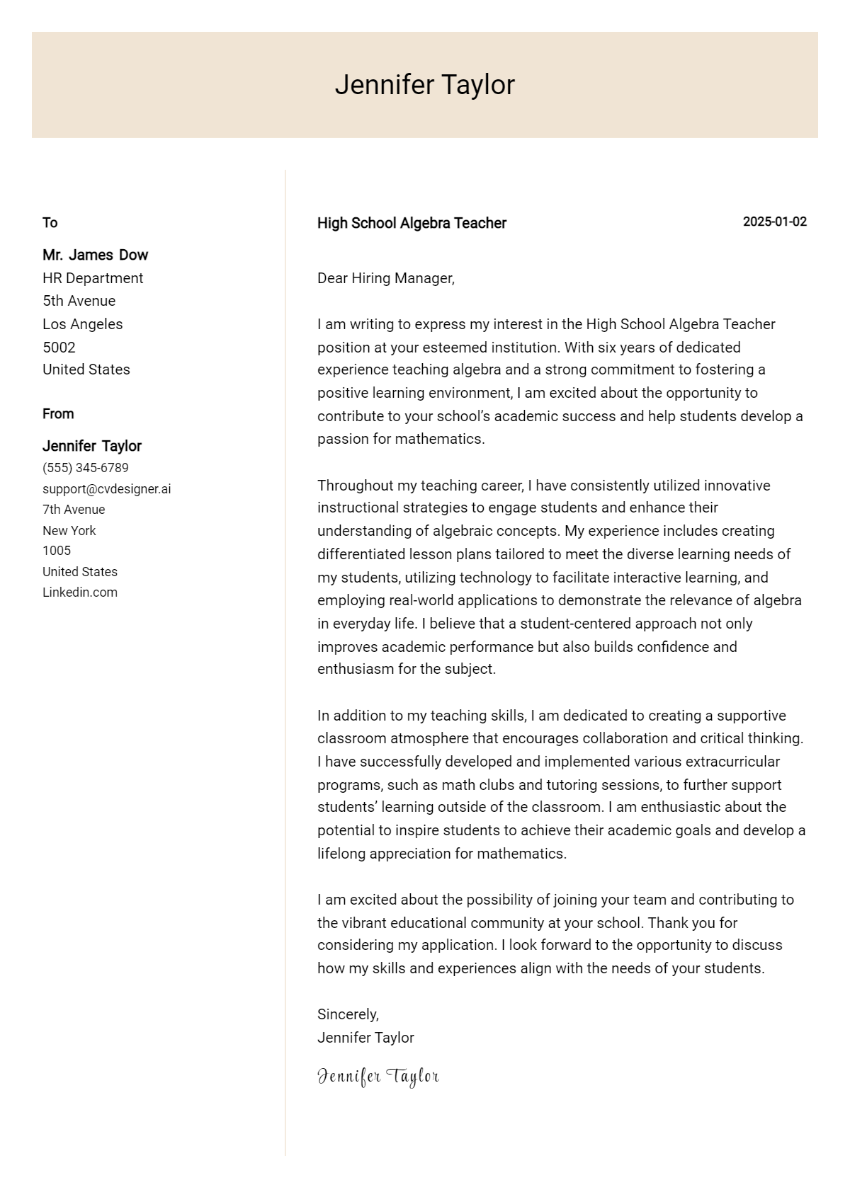 high school algebra teacher cover letter example