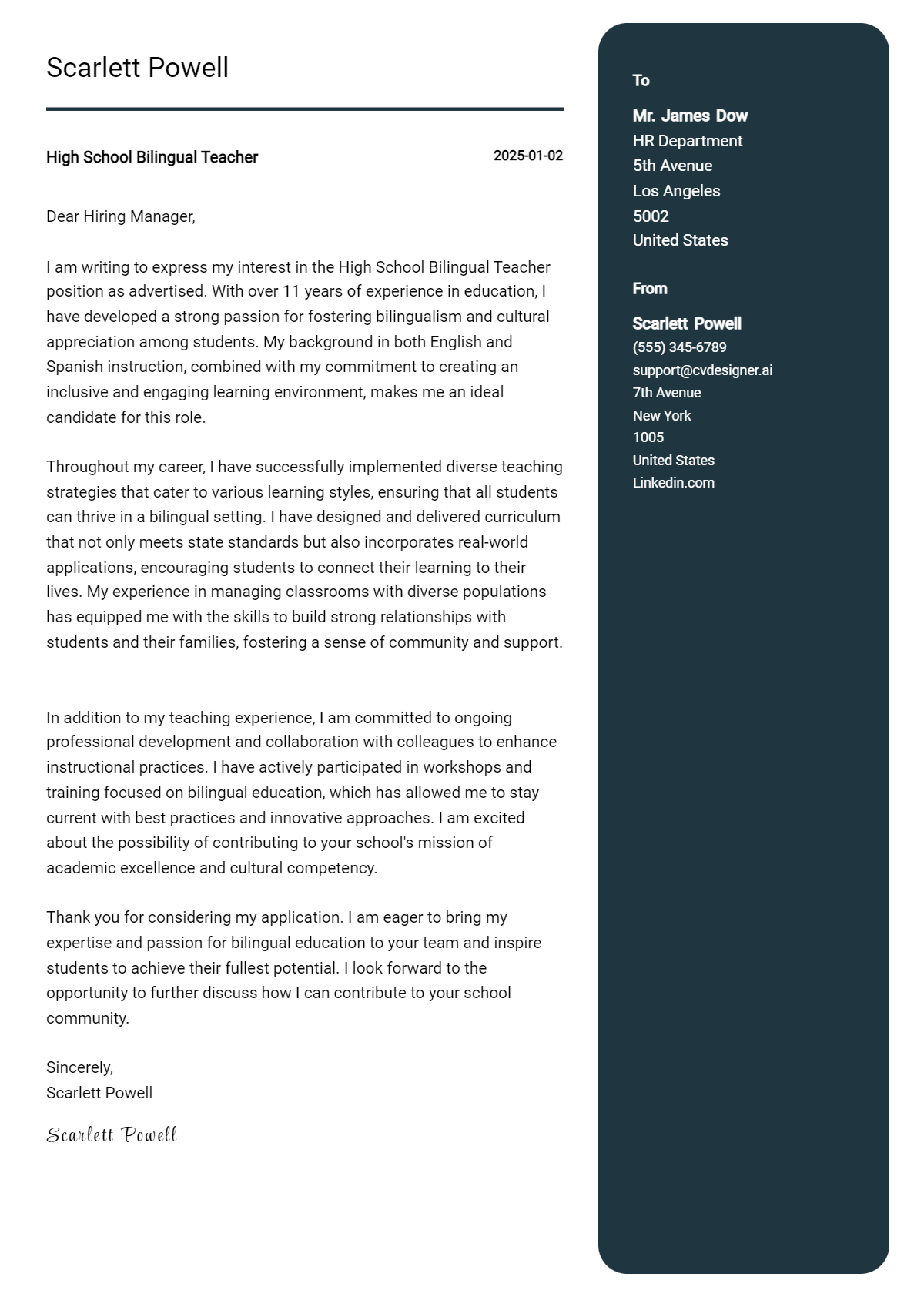 high school bilingual teacher cover letter example