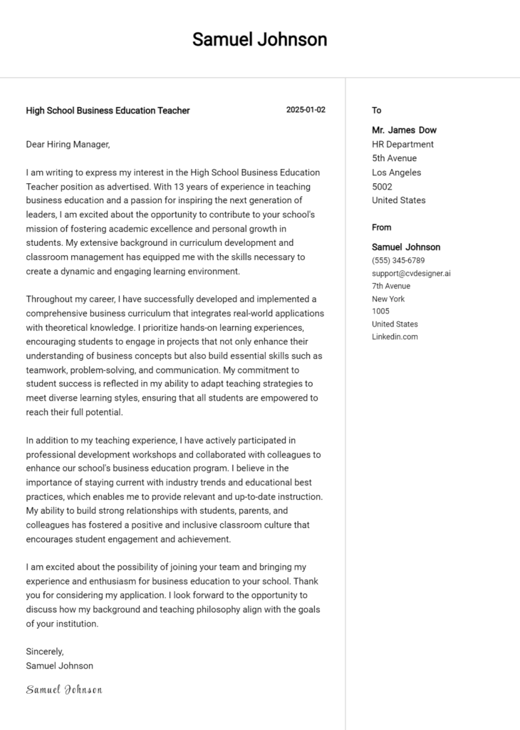 high school business education teacher cover letter example