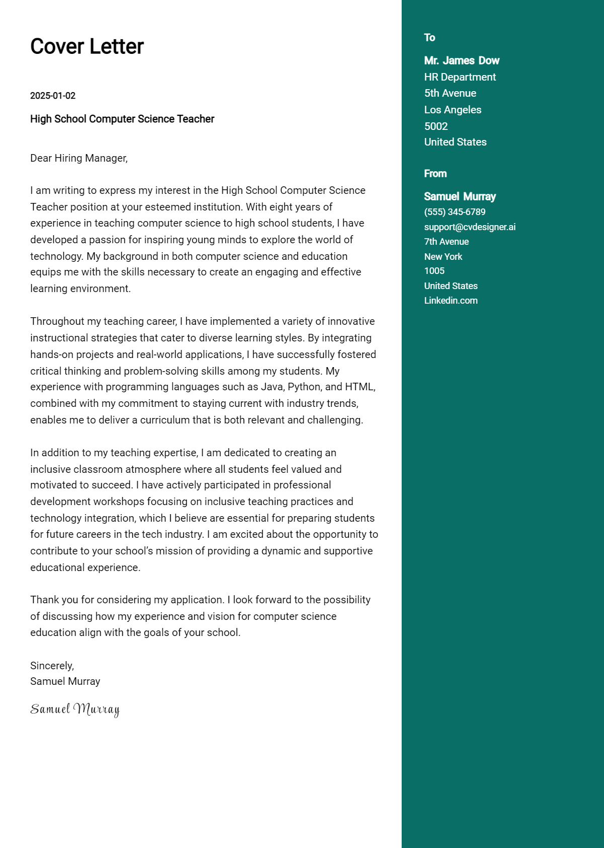 high school computer science teacher cover letter example