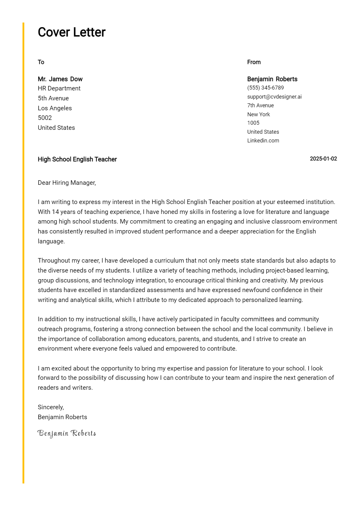 high school english teacher cover letter example