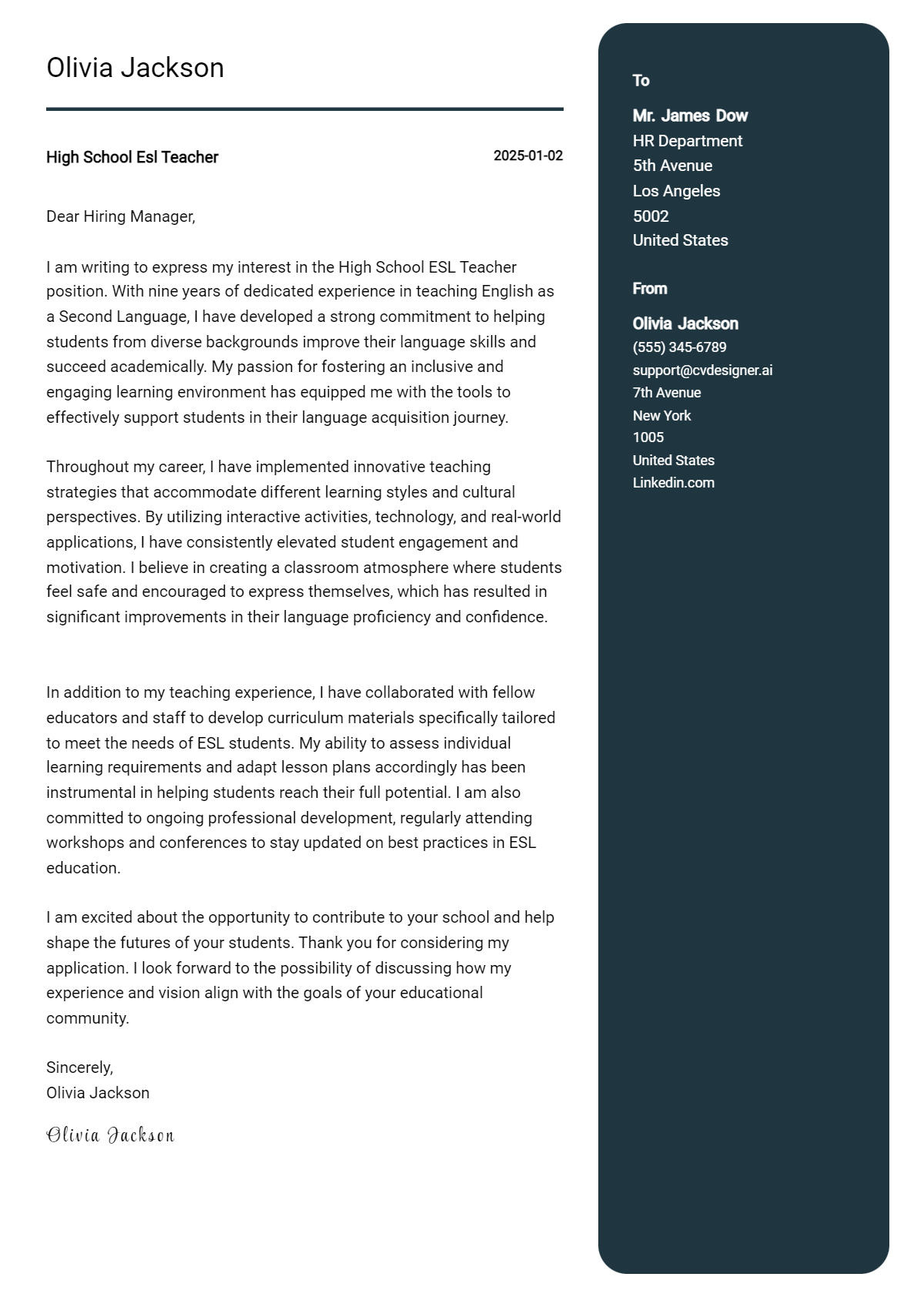 high school esl teacher cover letter example