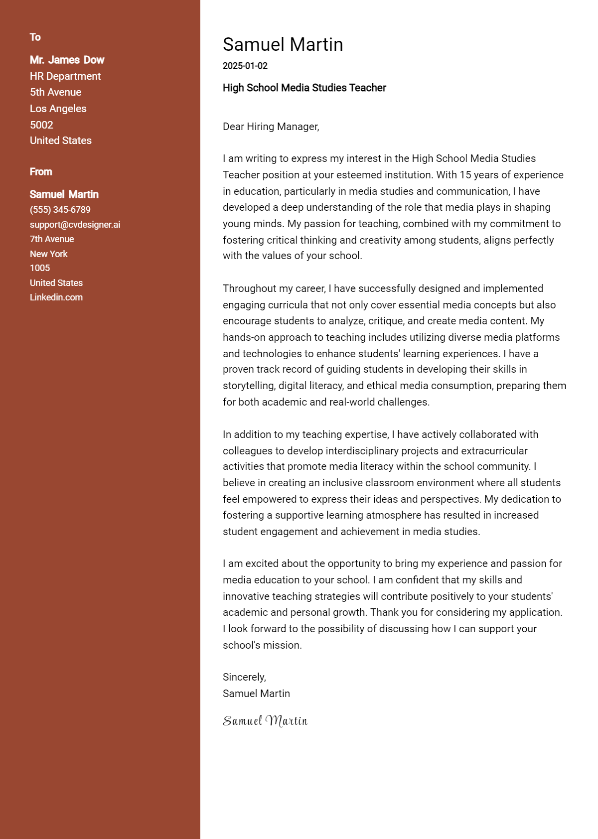 high school media studies teacher cover letter example