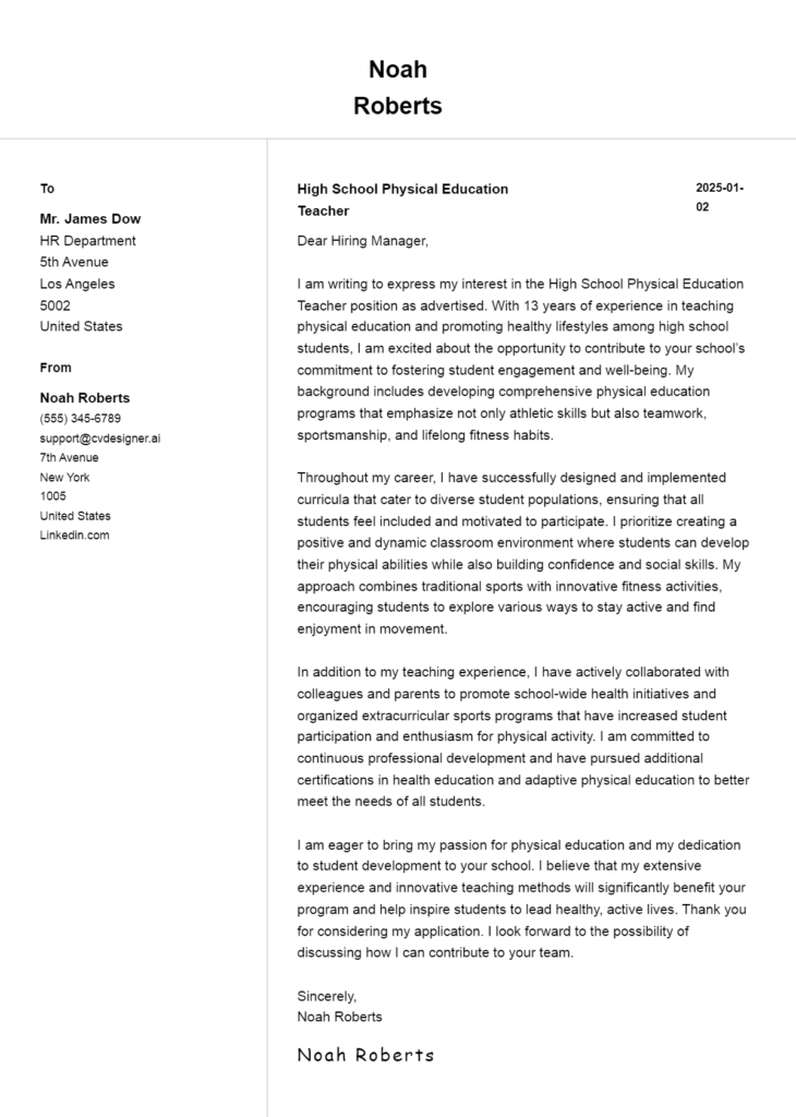 high school physical education teacher cover letter example