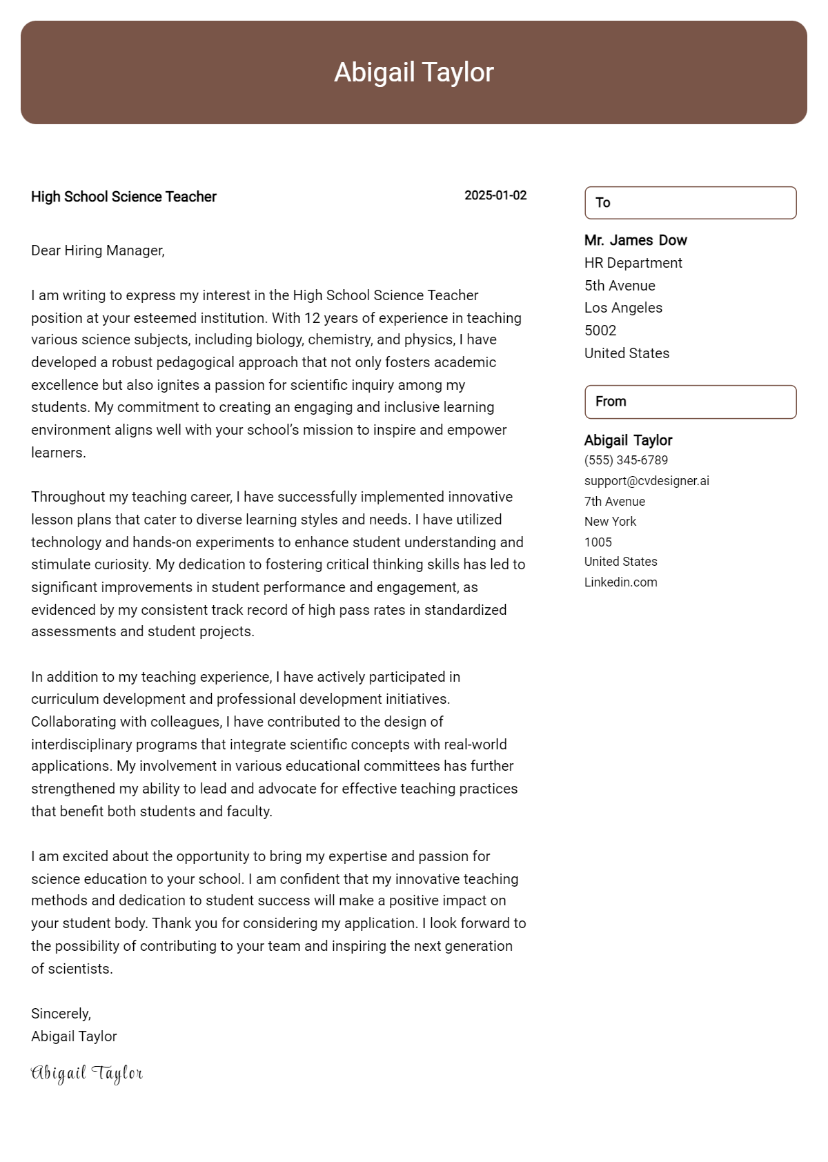 high school science teacher cover letter example