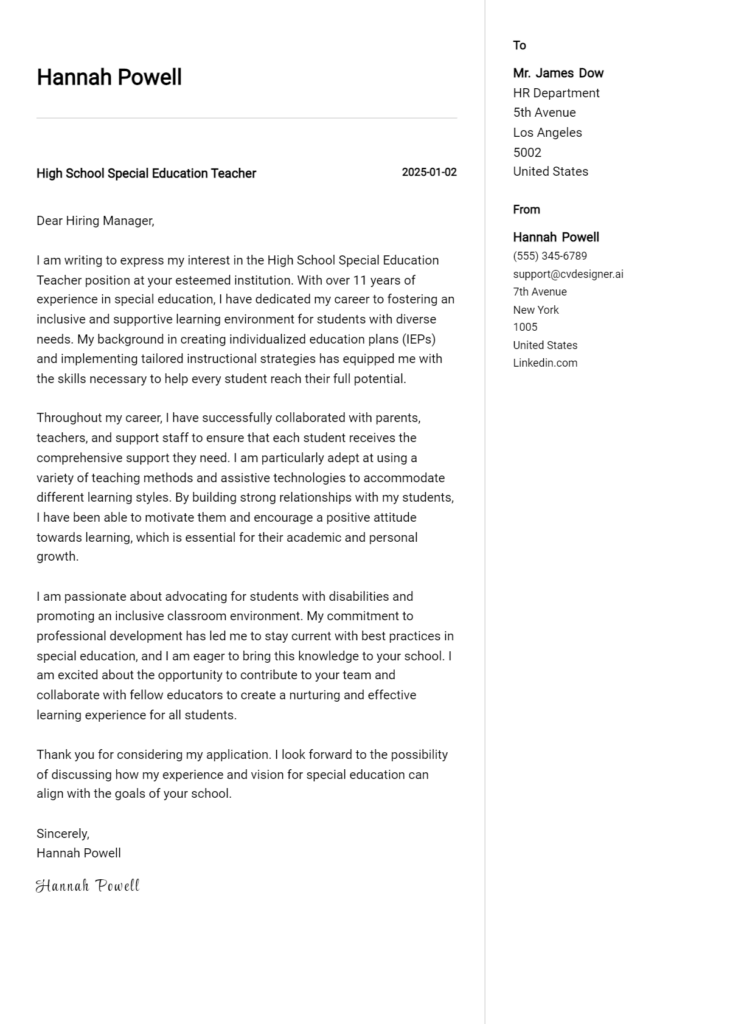 high school special education teacher cover letter example