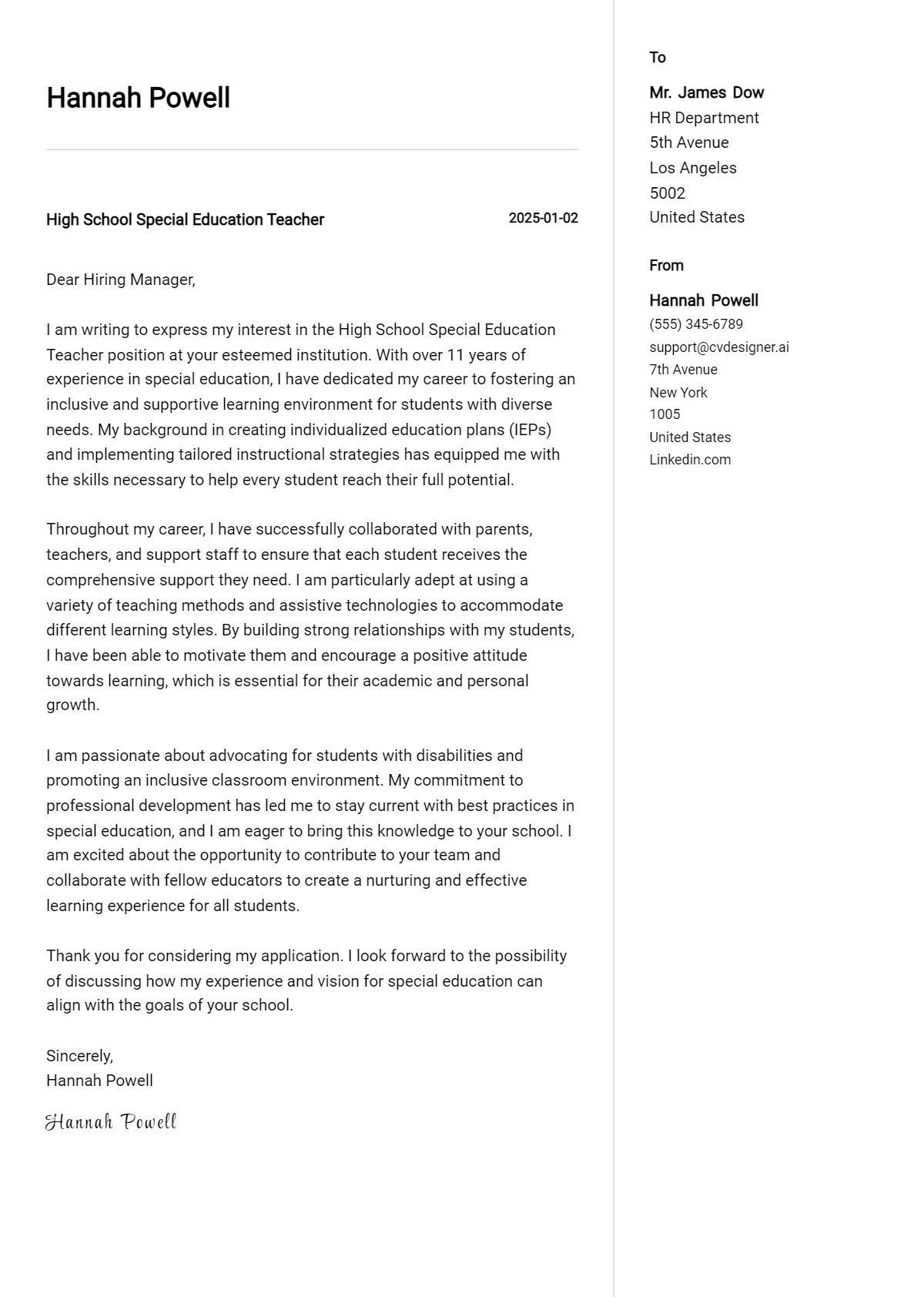 high school special education teacher cover letter example