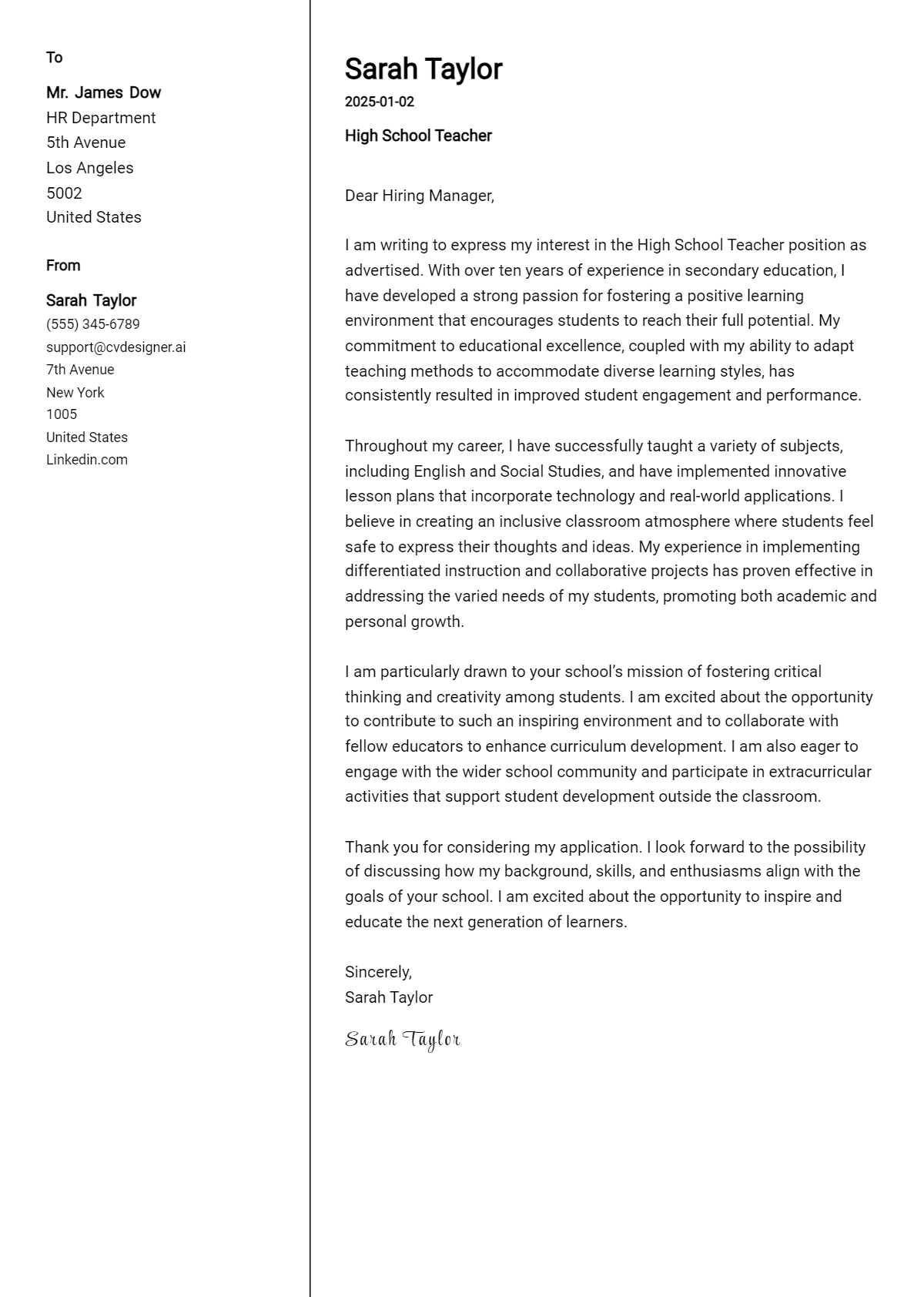 high school teacher cover letter example