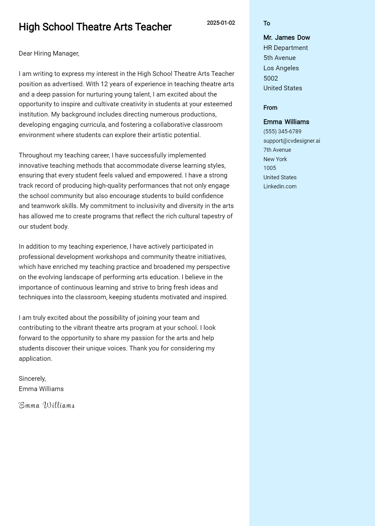 high school theatre arts teacher cover letter example