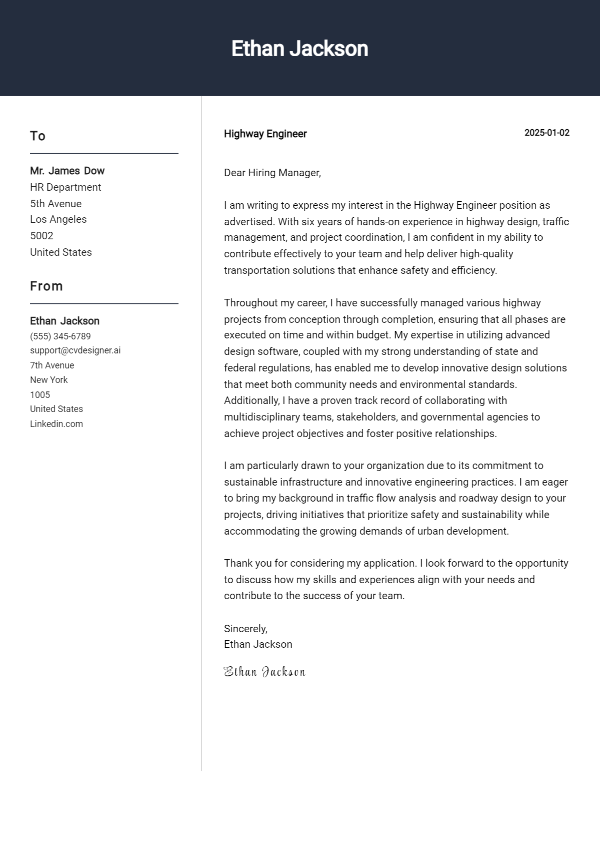 highway engineer cover letter example