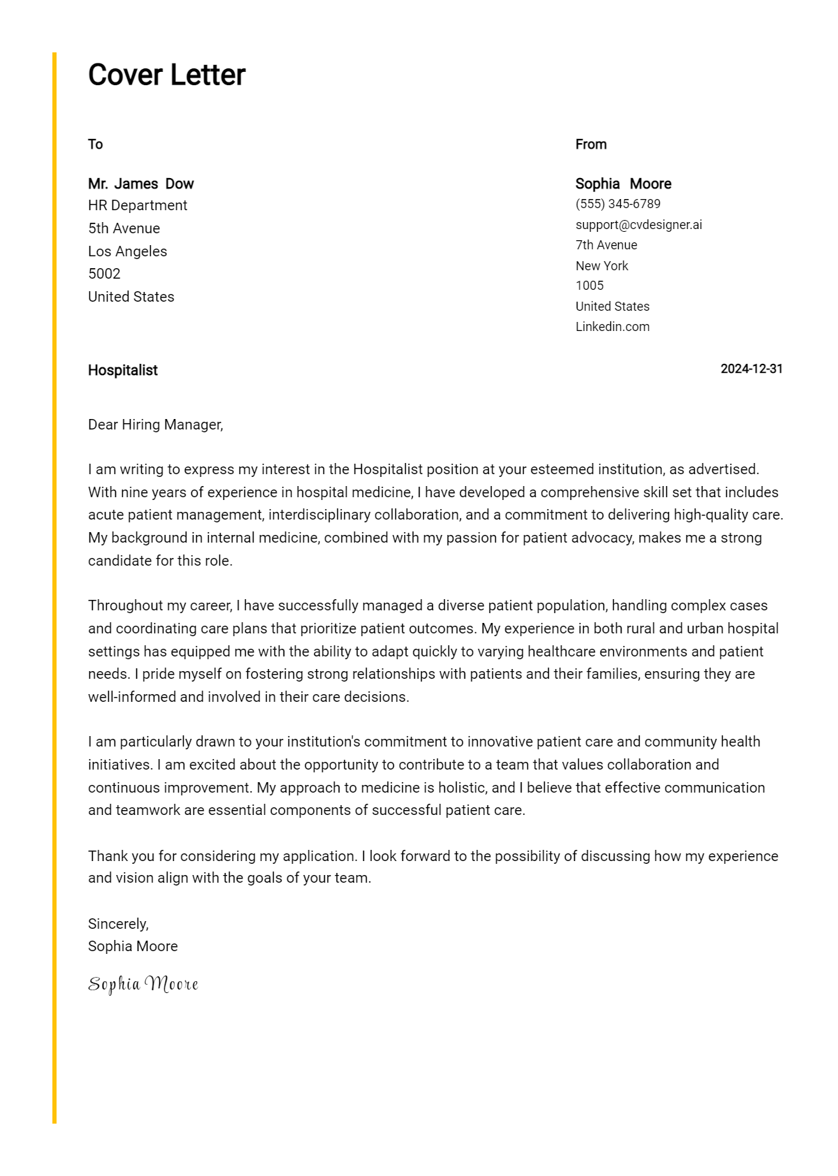 hospitalist cover letter example