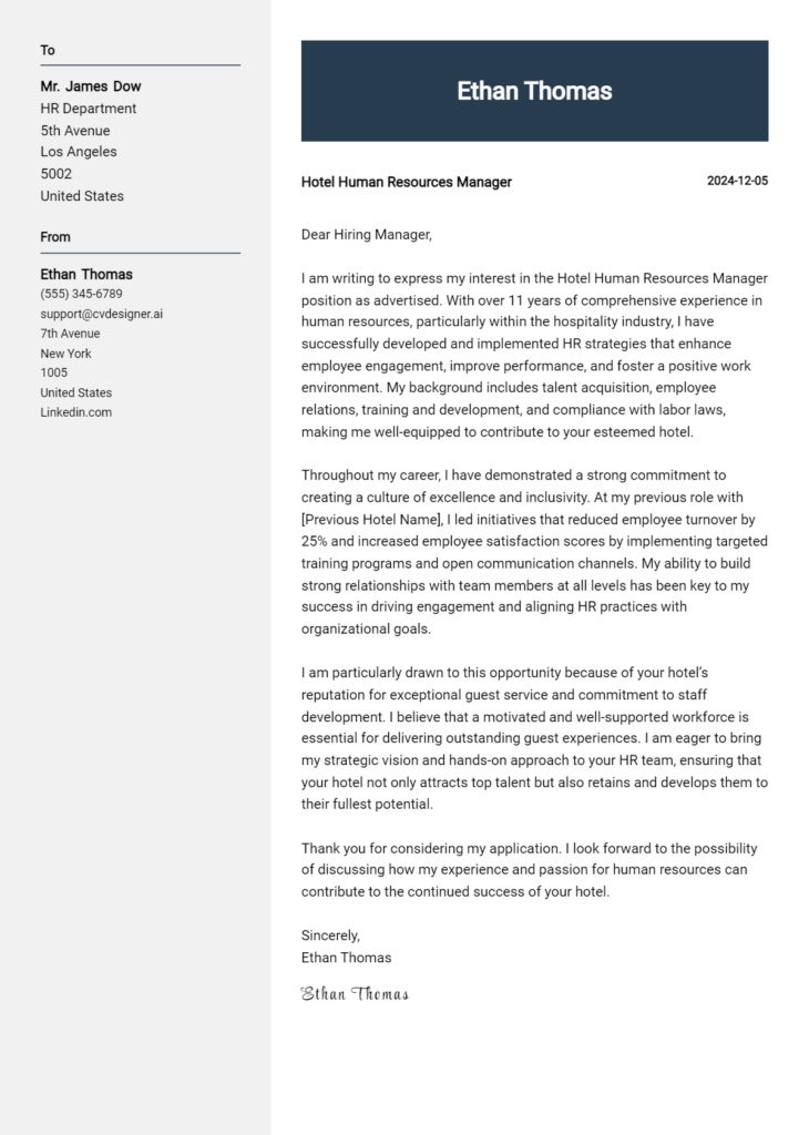 hotel human resources manager cover letter example