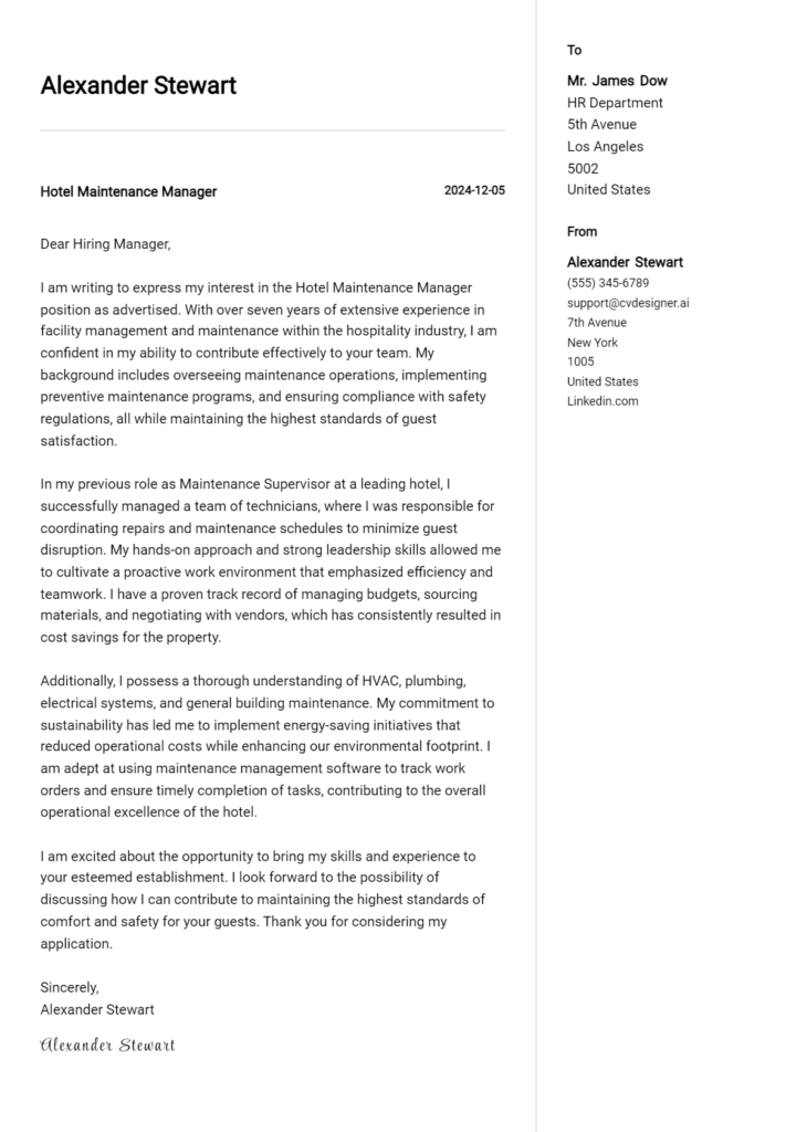 hotel maintenance manager cover letter example