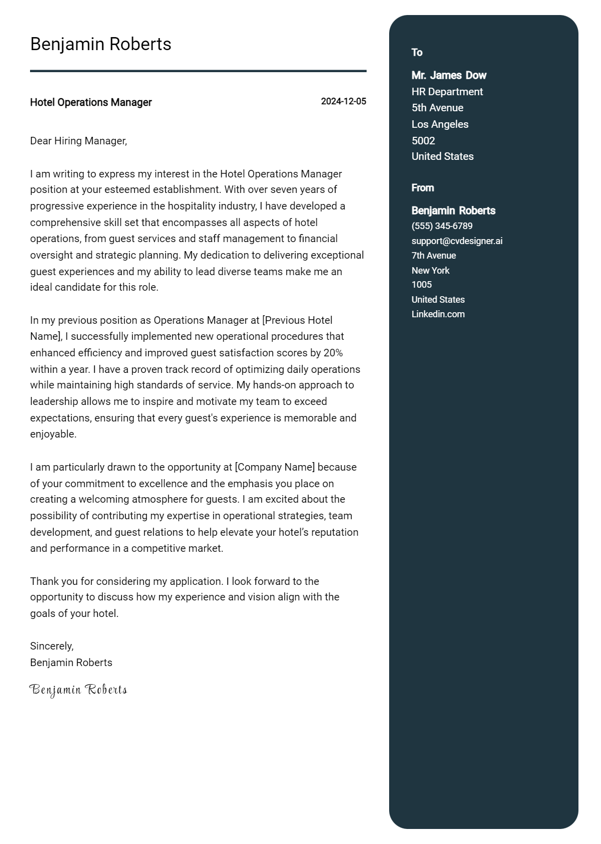 hotel operations manager cover letter example