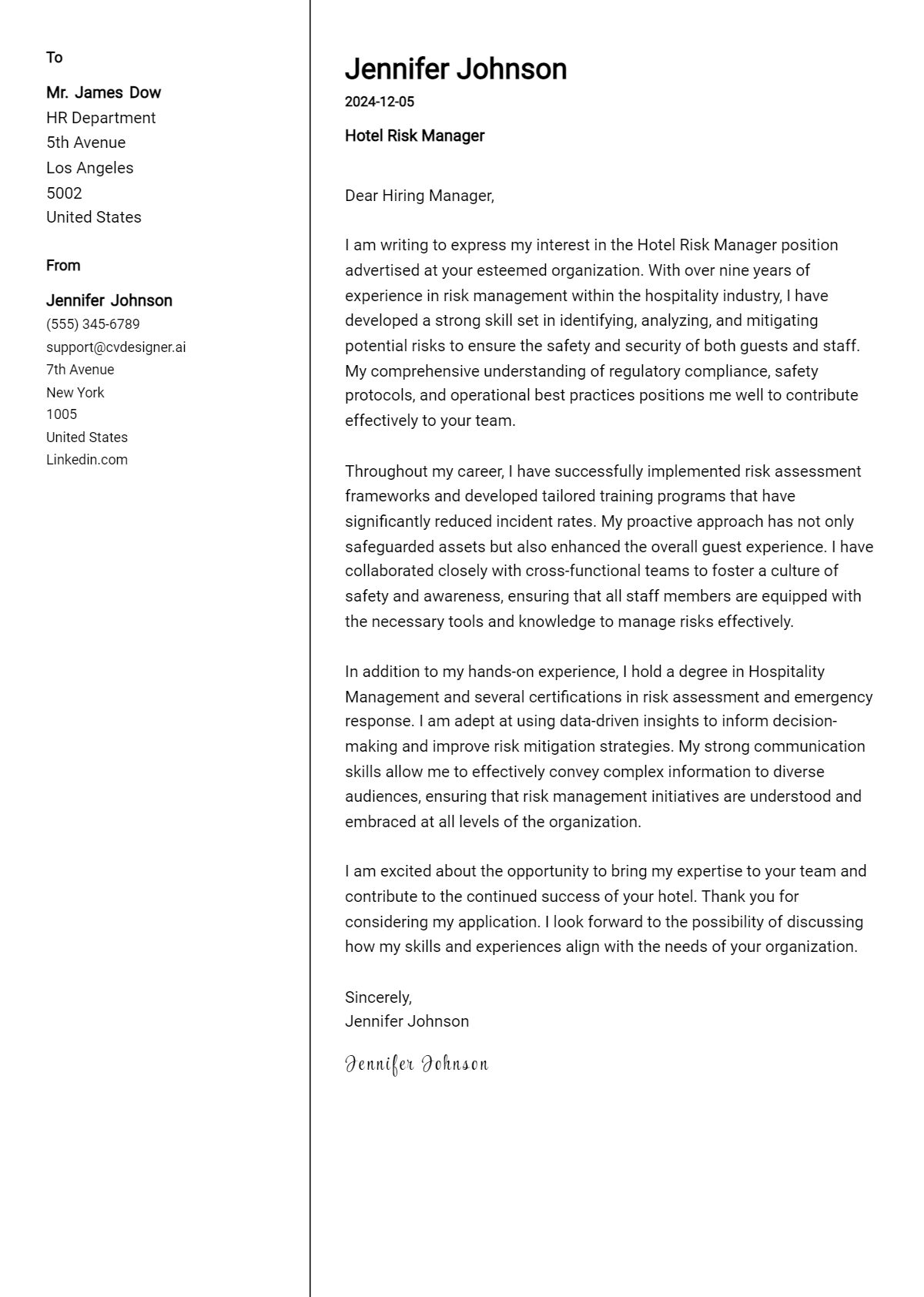 hotel risk manager cover letter example