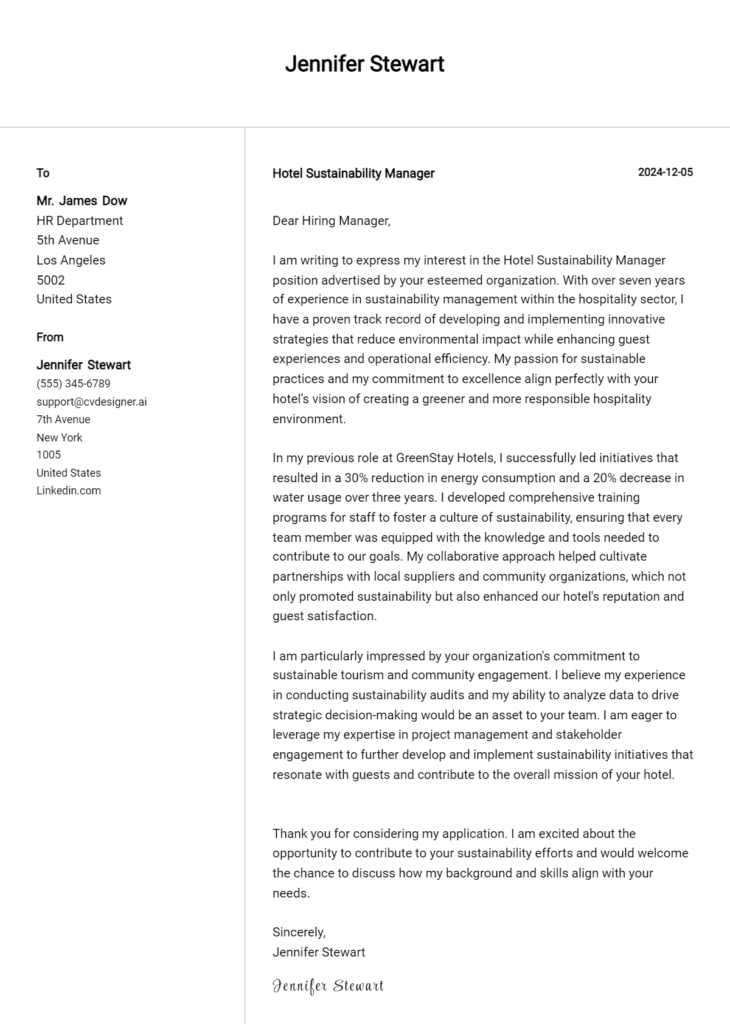 hotel sustainability manager cover letter example