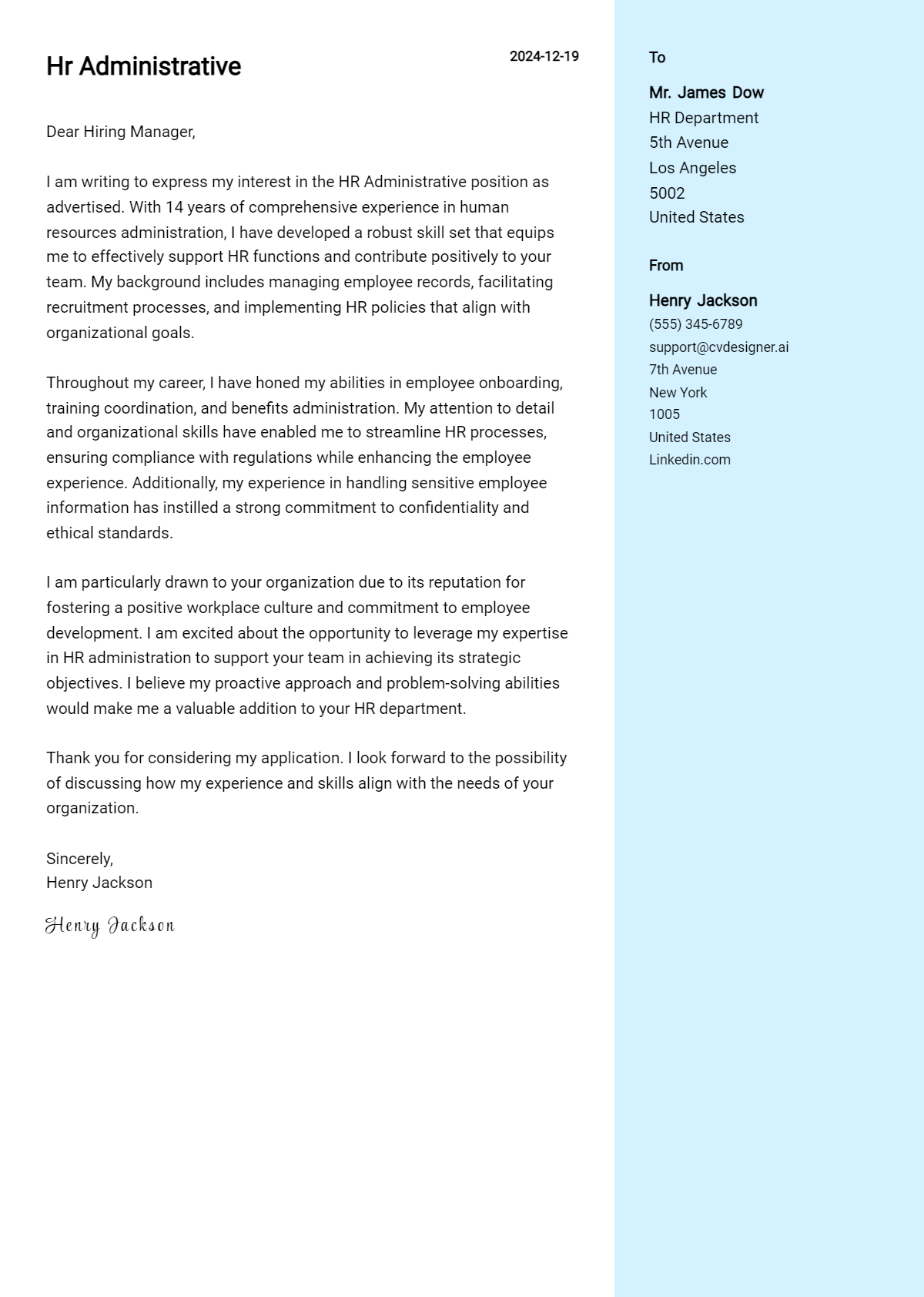 hr administrative cover letter example