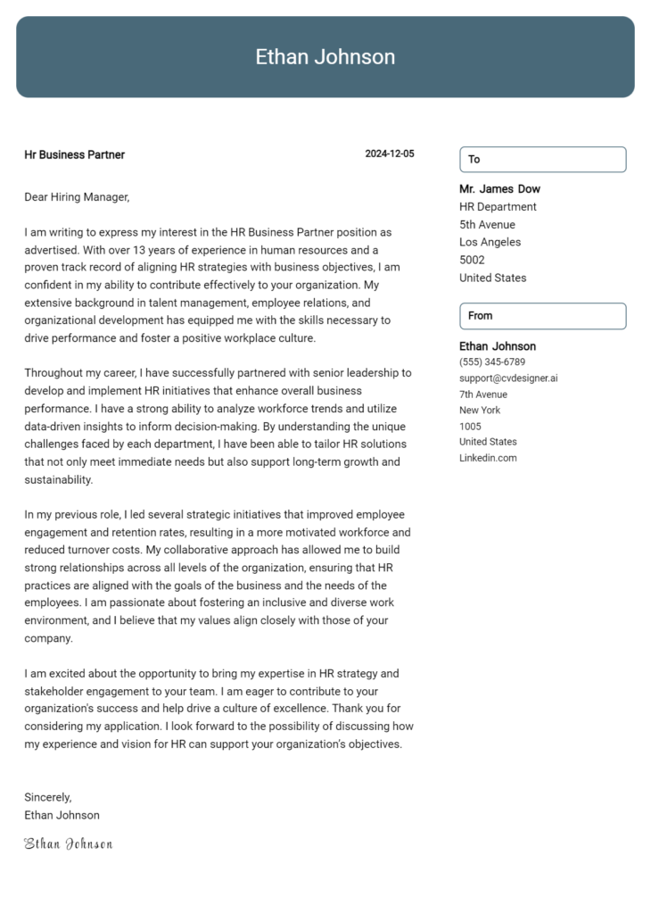 hr business partner cover letter example