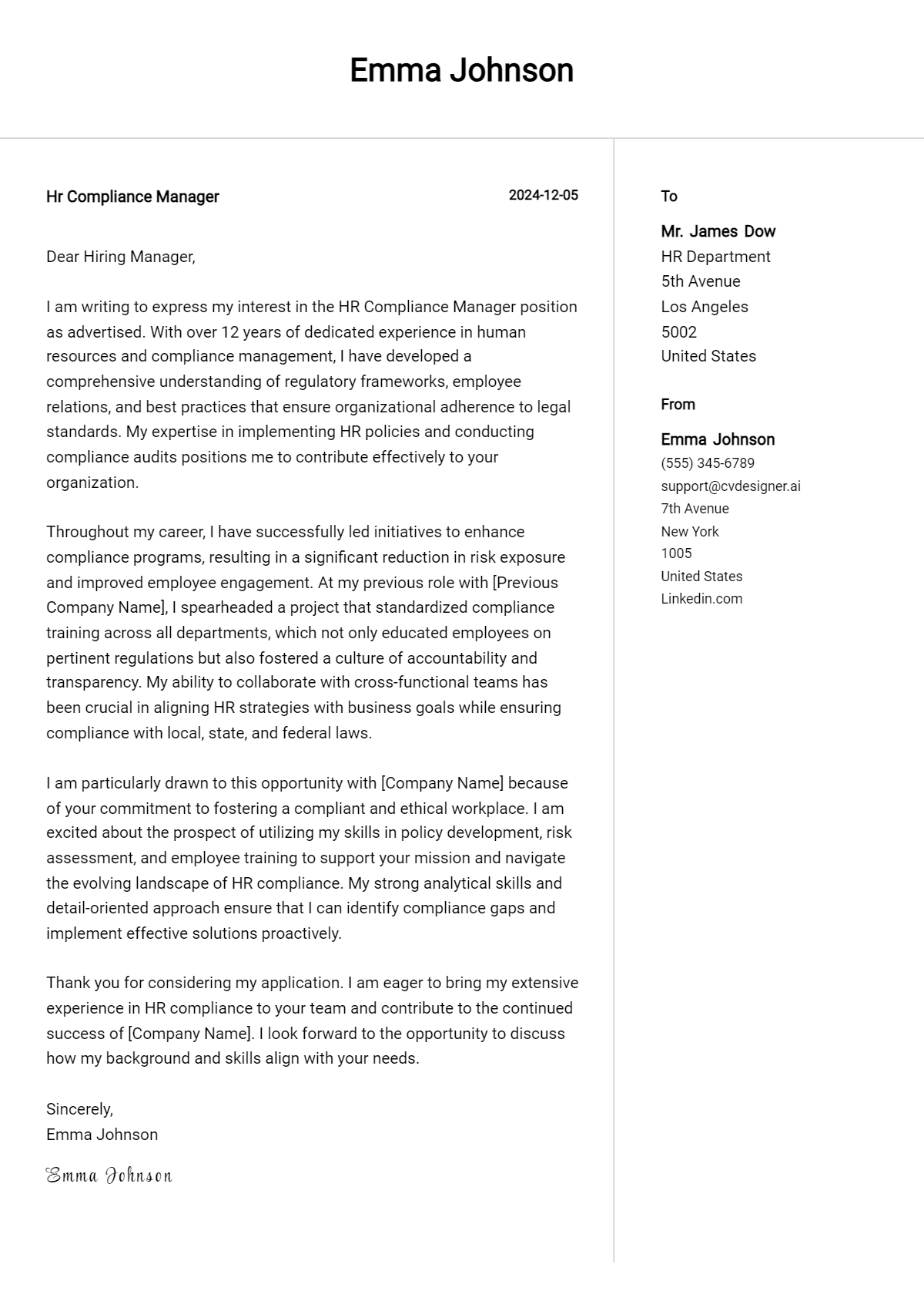 hr compliance manager cover letter example