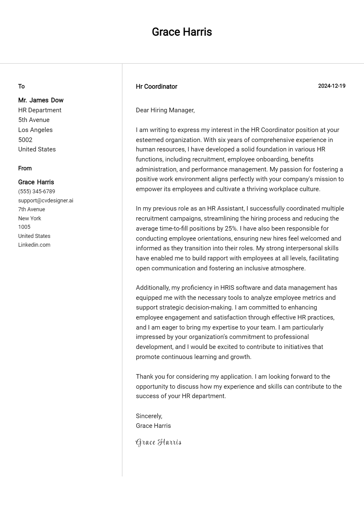 hr coordinator cover letter example