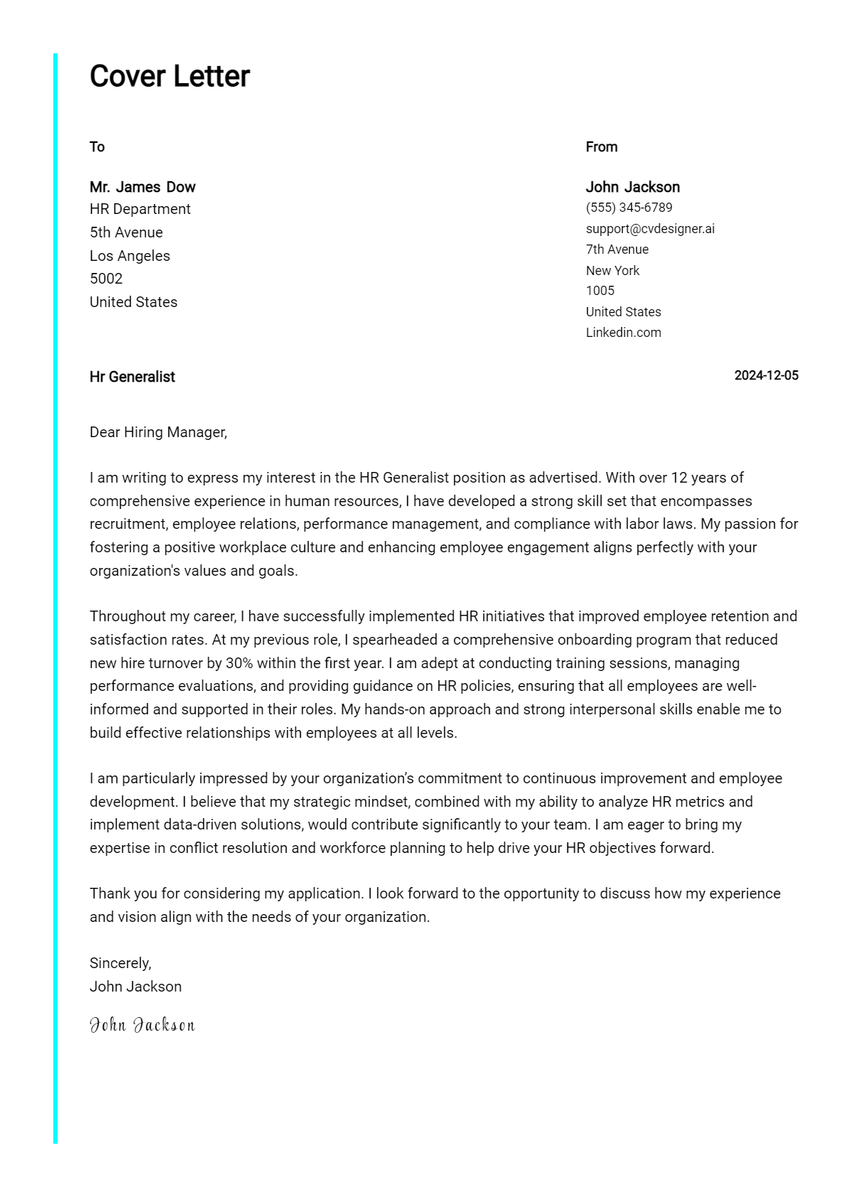 hr generalist cover letter example