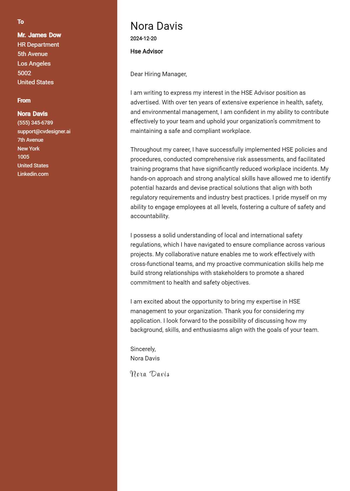 hse advisor cover letter example