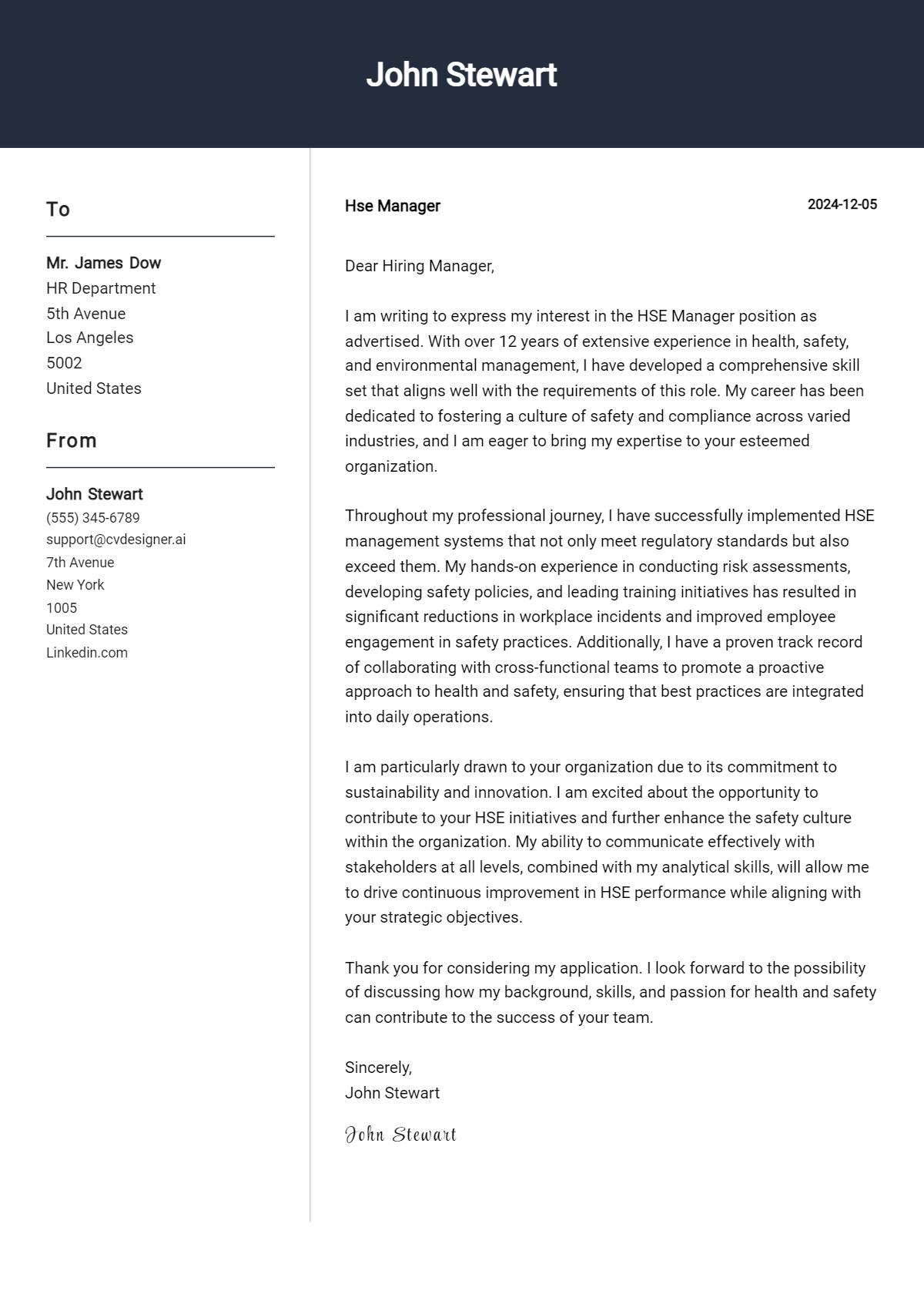 hse manager cover letter example