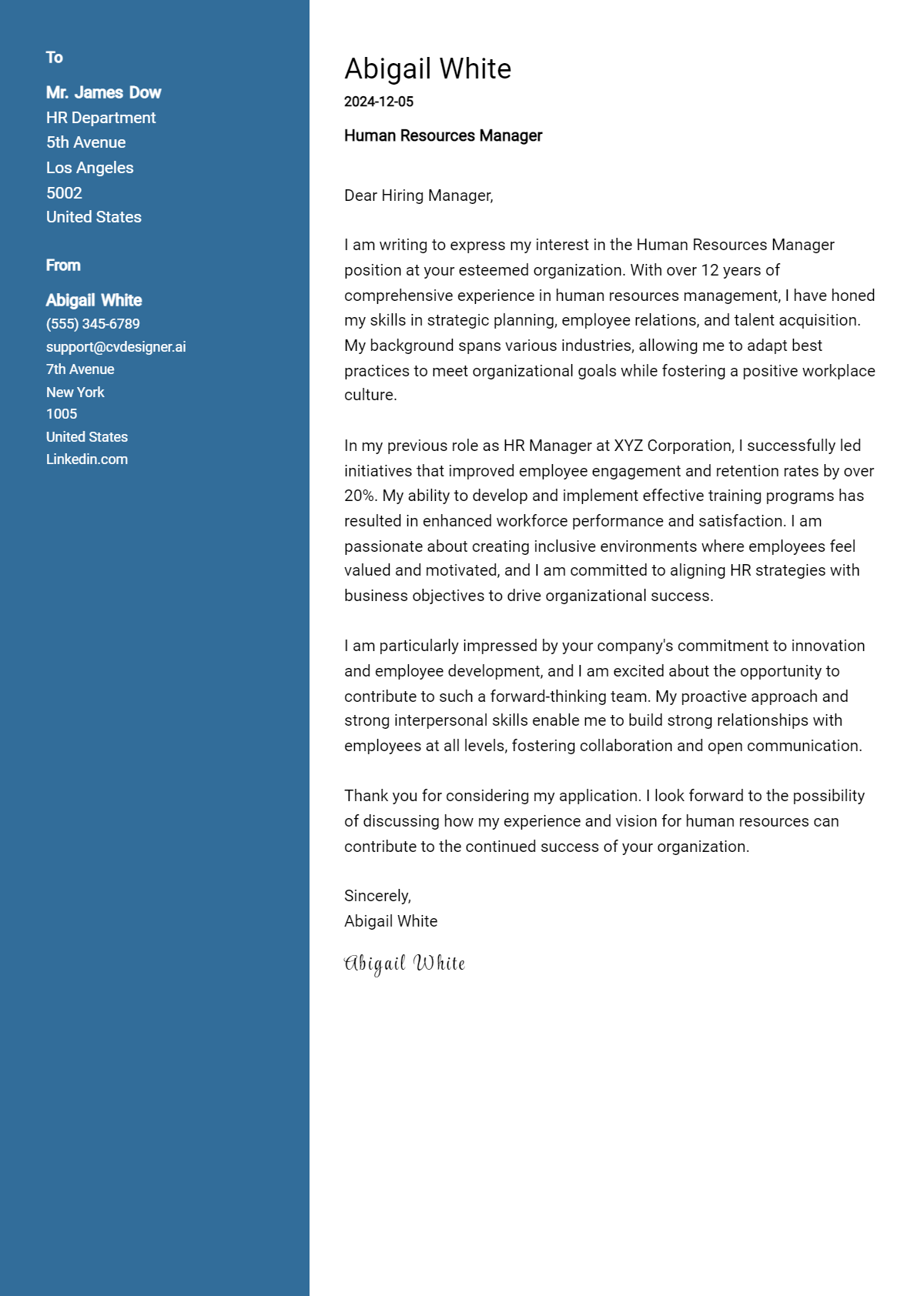 human resources manager cover letter example