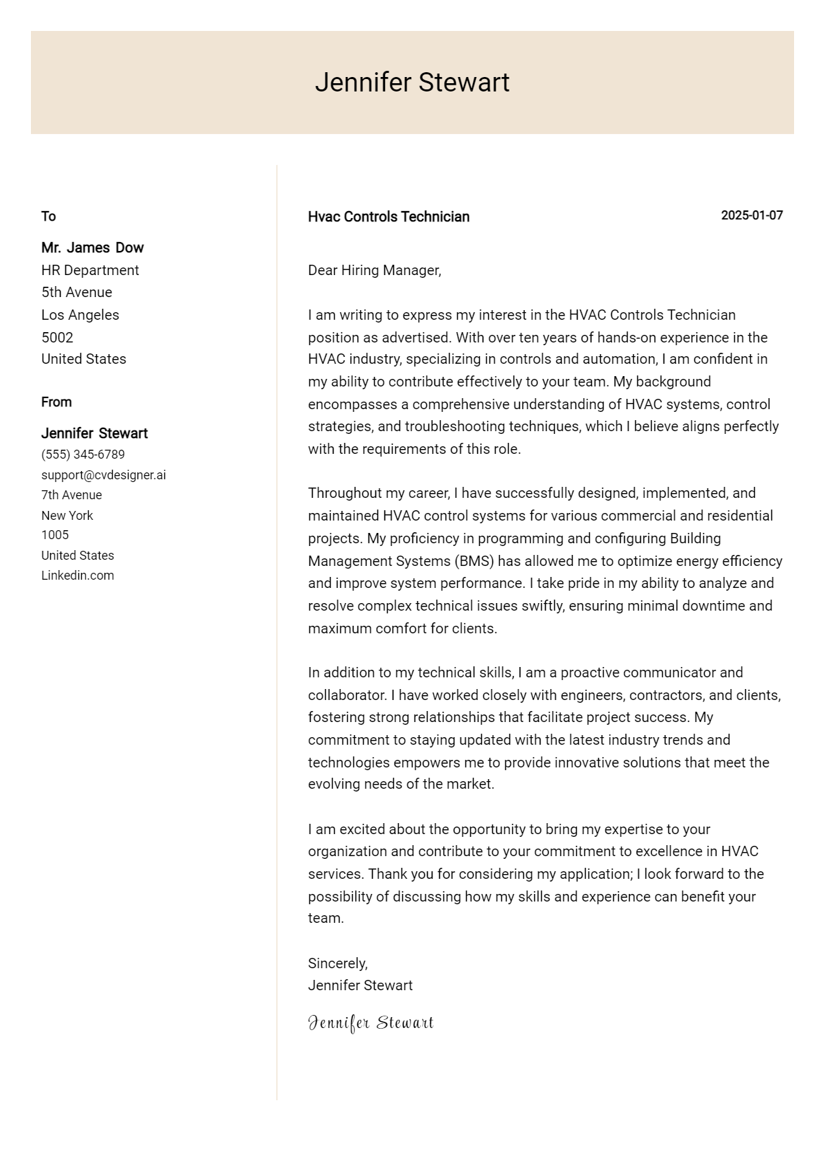 hvac controls technician cover letter example