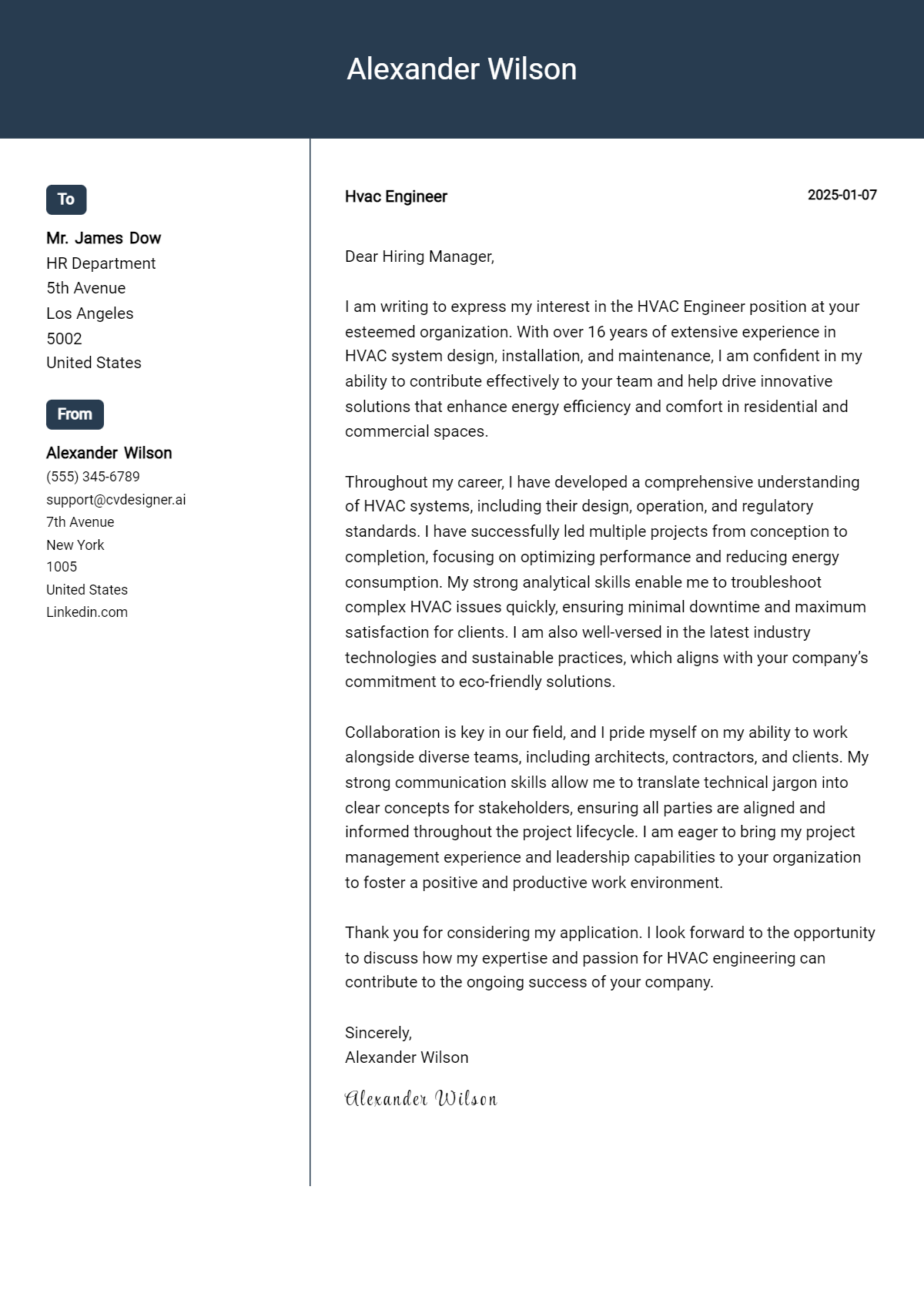 hvac engineer cover letter example