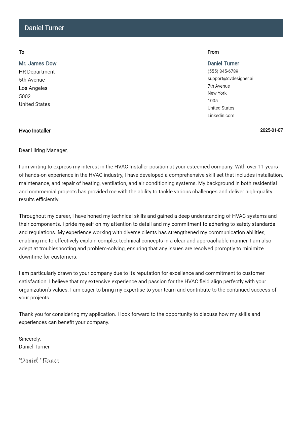 hvac installer cover letter example