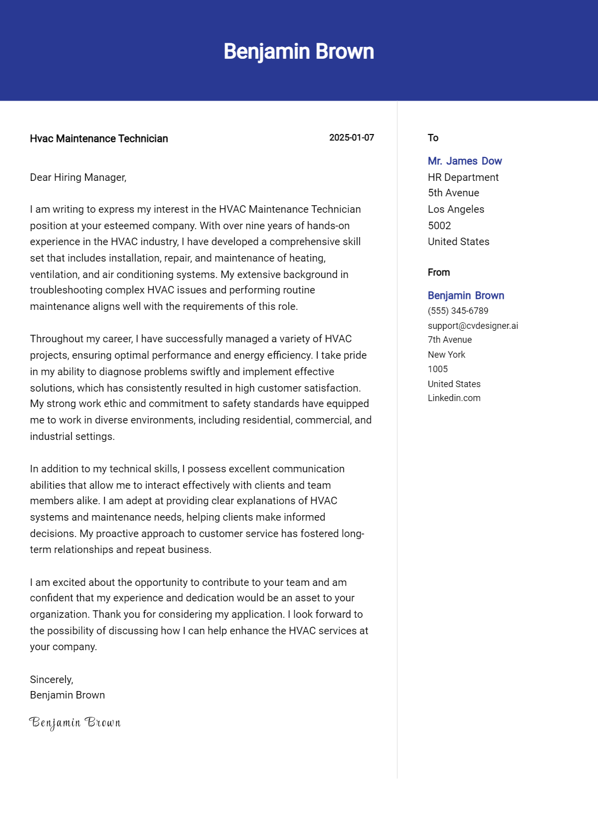 hvac maintenance technician cover letter example