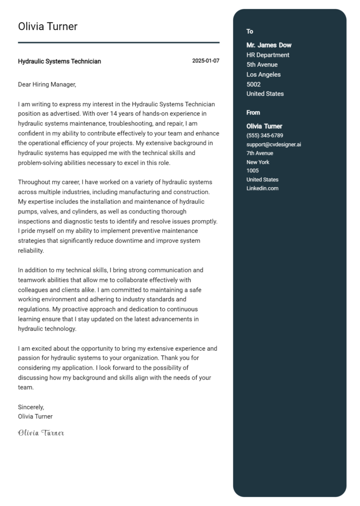 hydraulic systems technician cover letter example