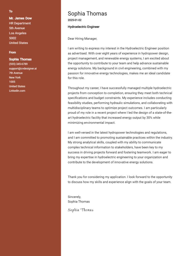 hydroelectric engineer cover letter example