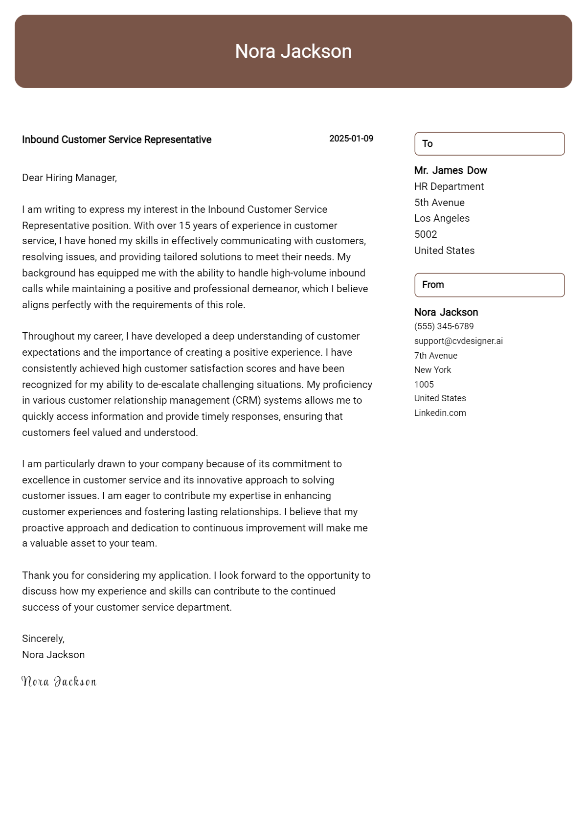 inbound customer service representative cover letter example