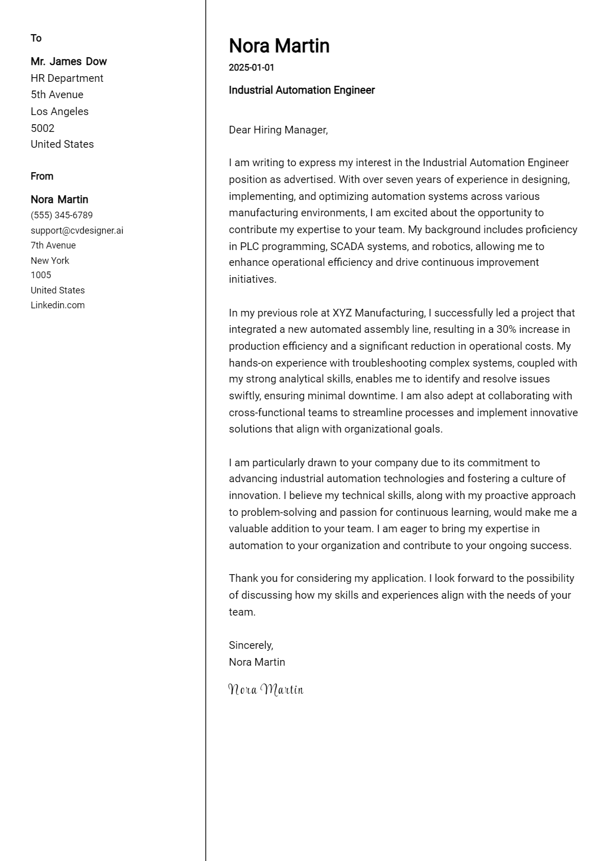 industrial automation engineer cover letter example