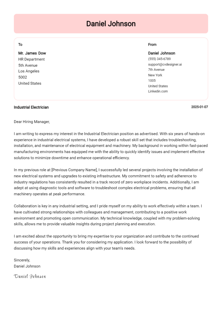 industrial electrician cover letter example