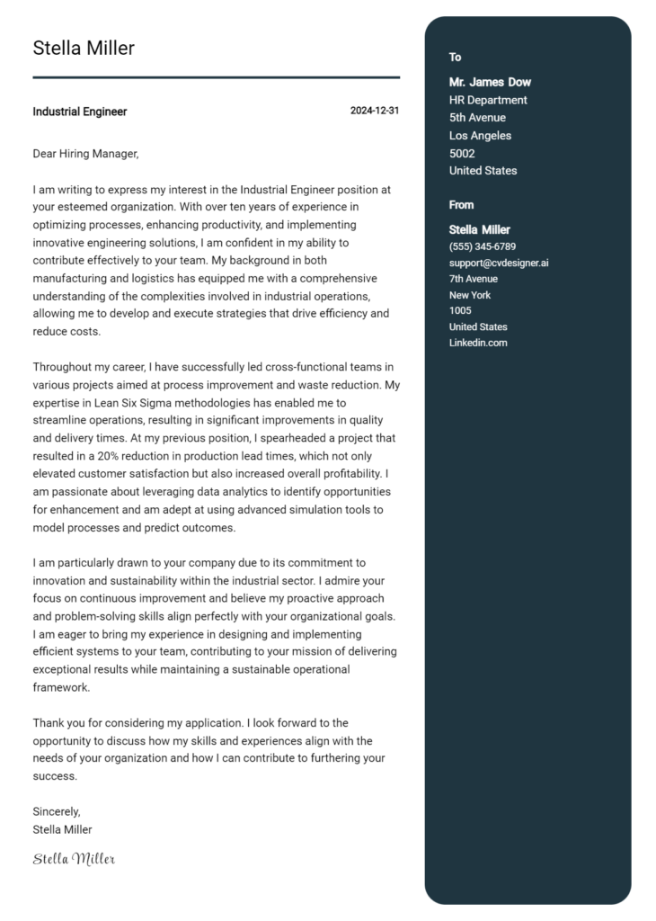 industrial engineer cover letter example