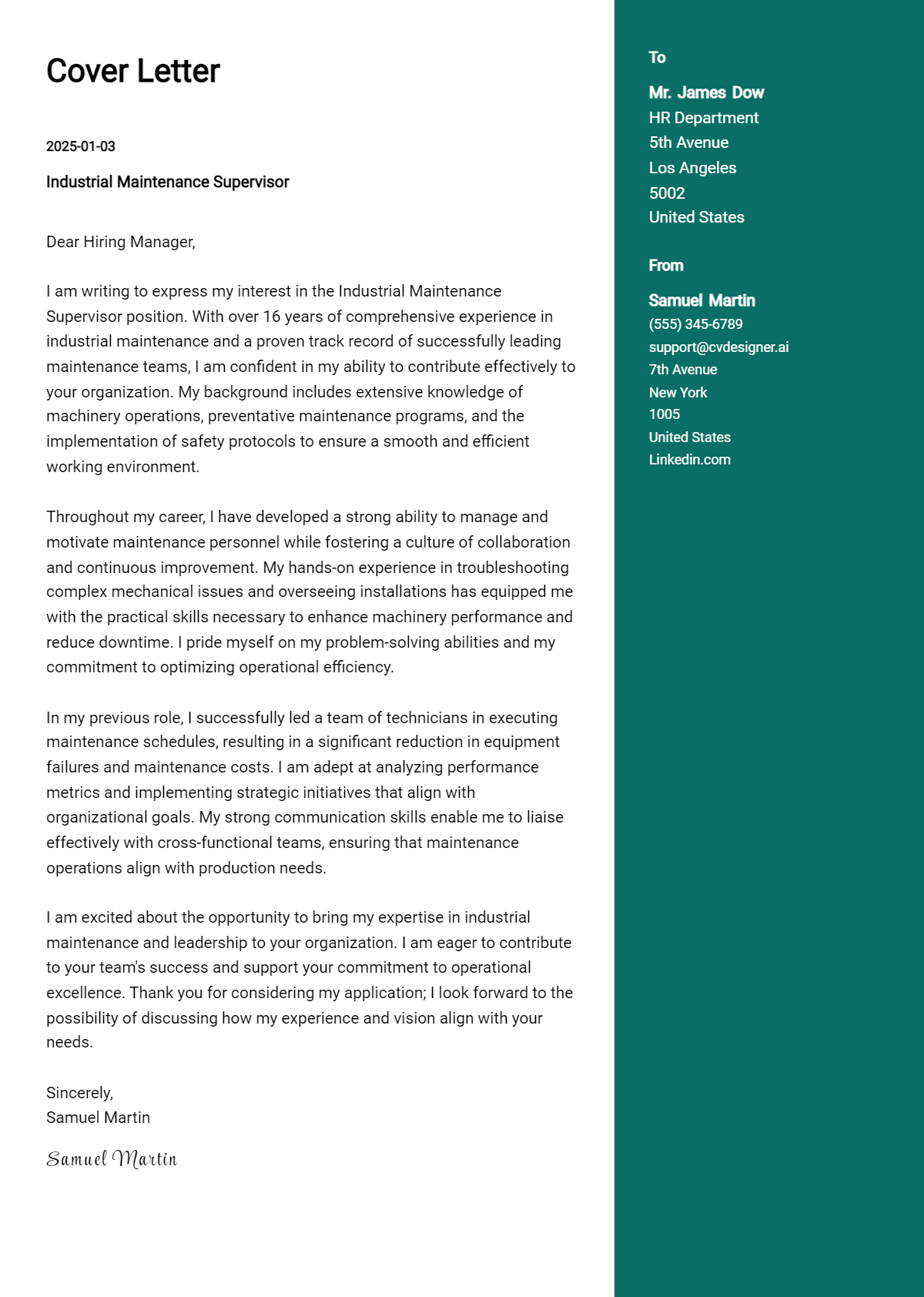 industrial maintenance supervisor cover letter example