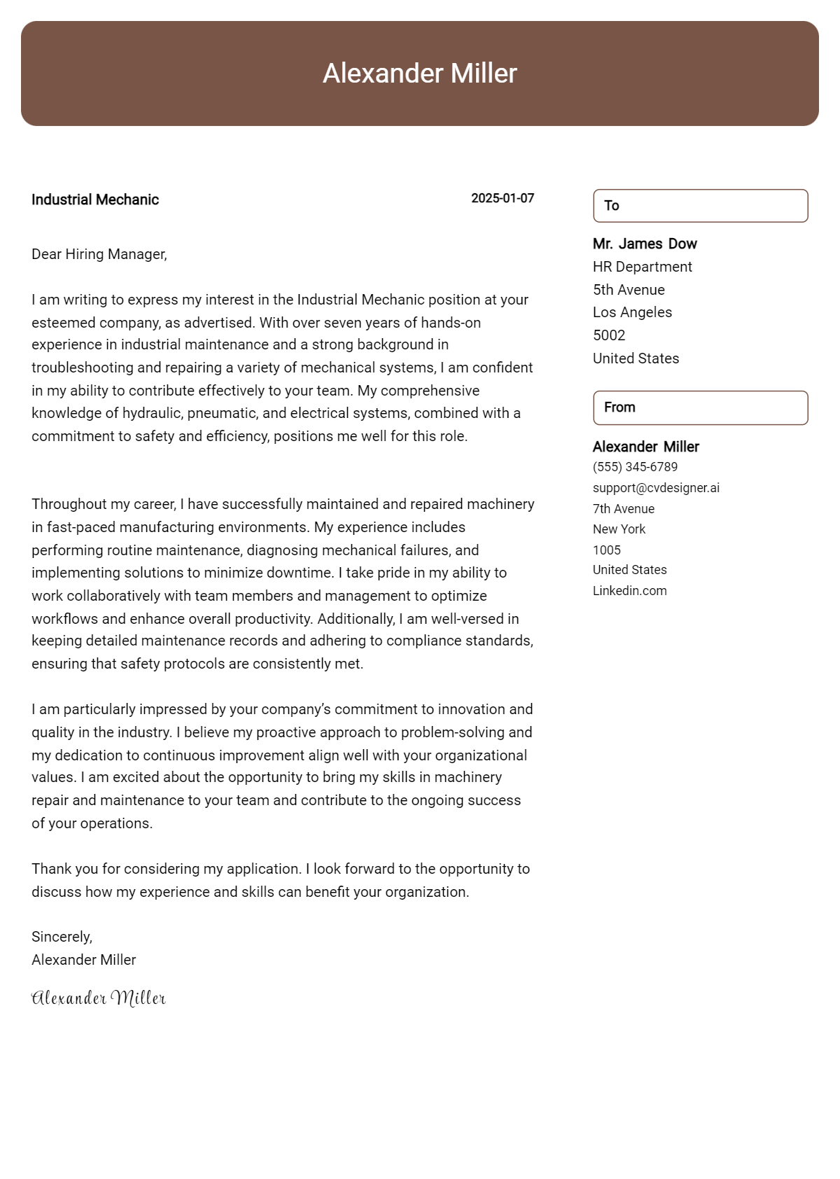 industrial mechanic cover letter example