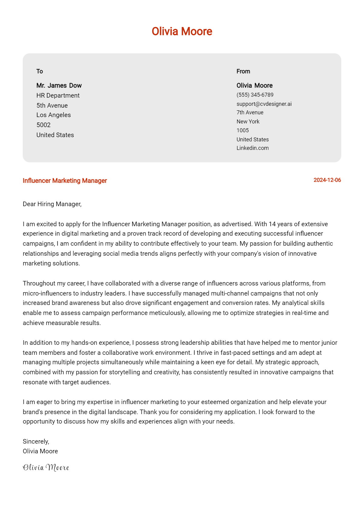 influencer marketing manager cover letter example