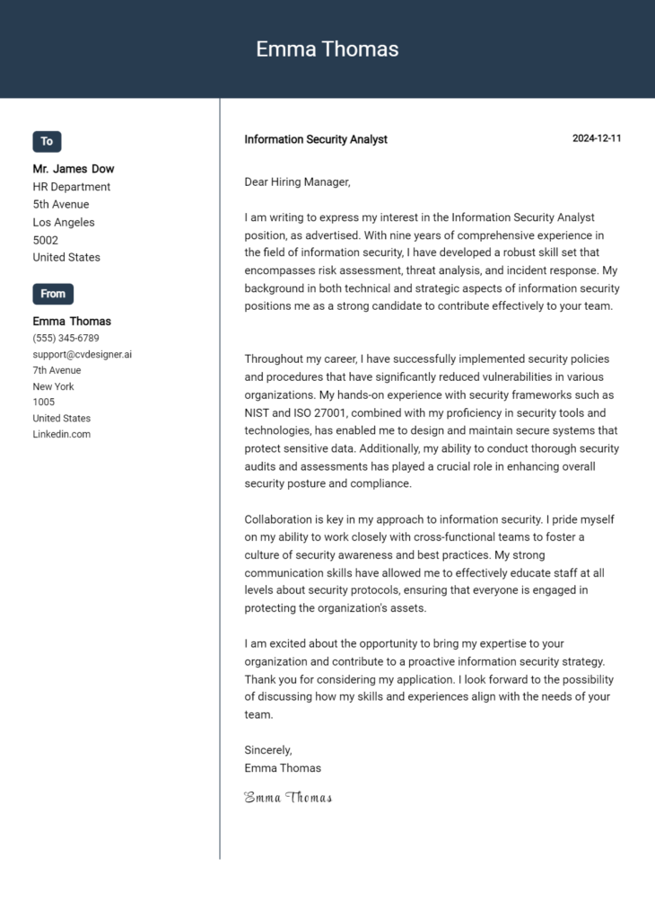 information security analyst cover letter example