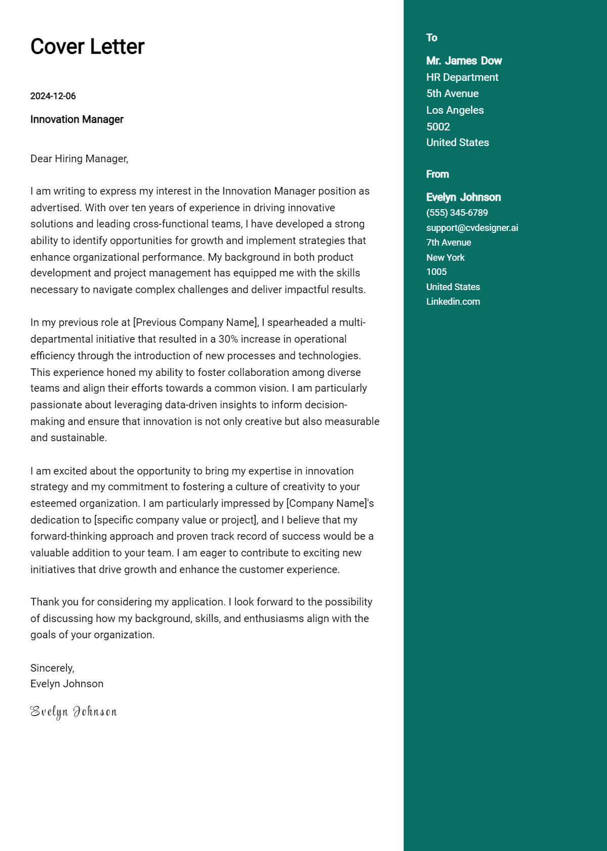 innovation manager cover letter example