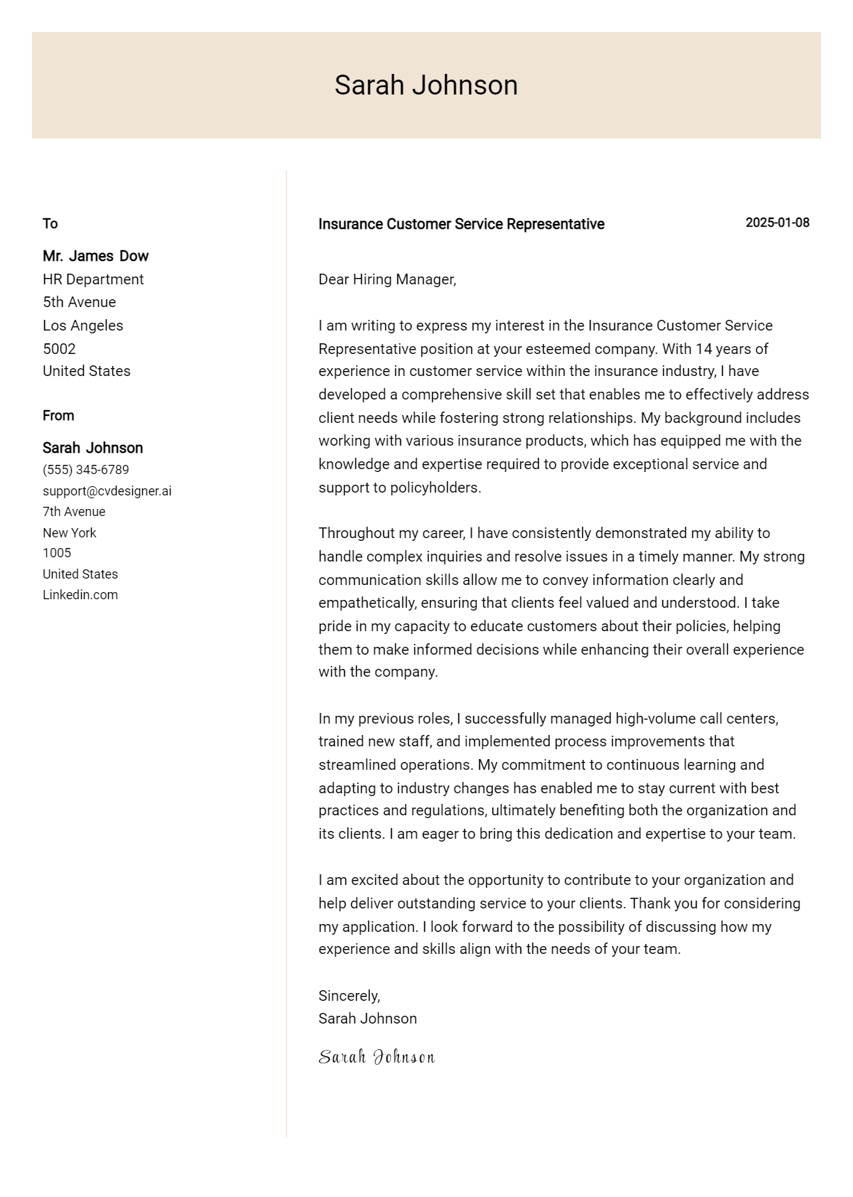 insurance customer service representative cover letter example